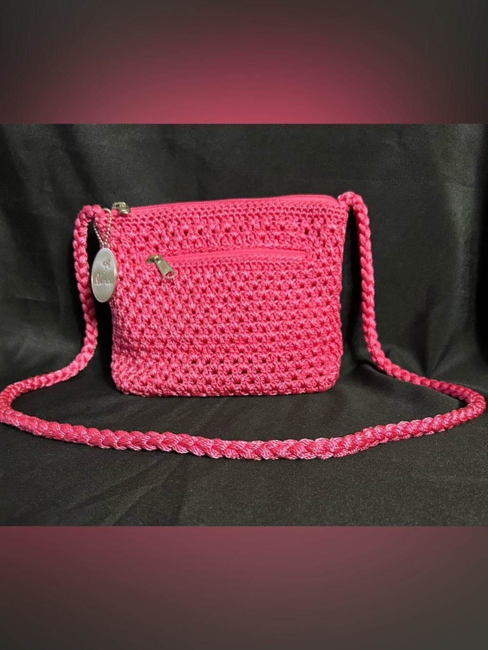 Lina Pink Woven Crochet Look Crossbody Bag Purse With Braided Strap
